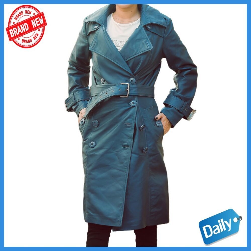 Women's Leather Trench Coat Double Breasted Belted Lapel 3/4 Length